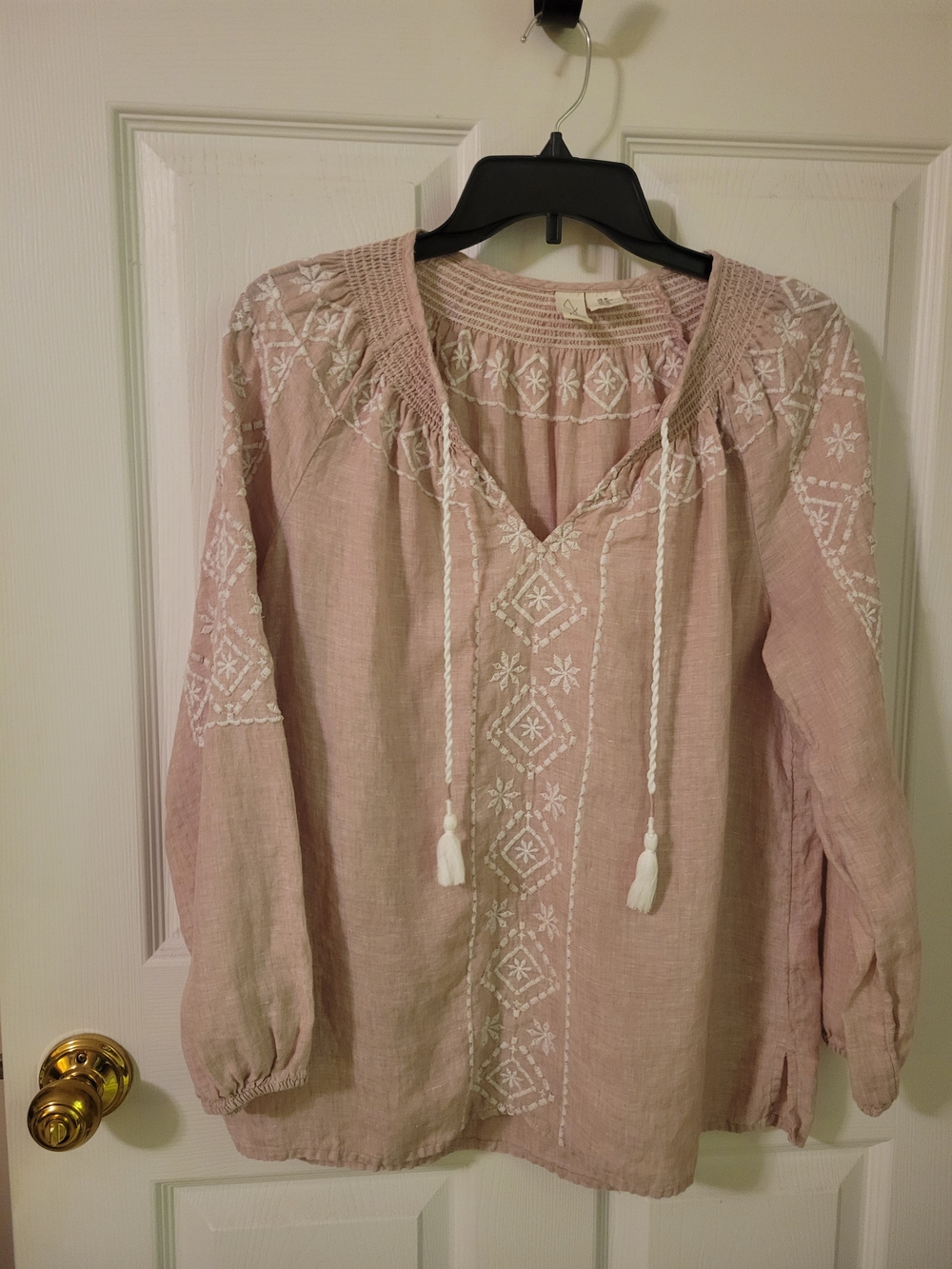 Joie Dusty Rose Embroidered Peasant Top with Tassel Ties